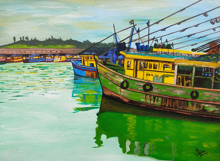 Vizag harbour (ART_329_69276) - Handpainted Art Painting - 12in X 8in