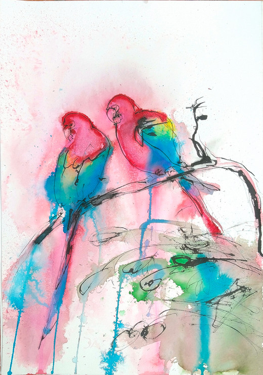 2 red parrot (ART_6373_69259) - Handpainted Art Painting - 15in X 22in