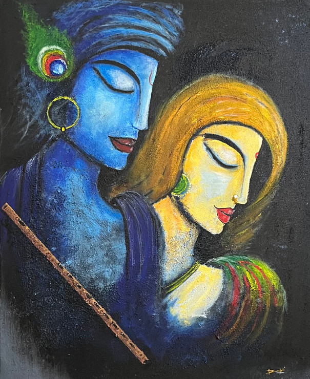 Radha Krishna sand texture (ART_8456_69187) - Handpainted Art Painting - 20in X 30in