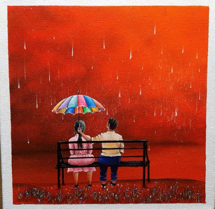 Couple in the rain (ART_2825_69417) - Handpainted Art Painting - 9in X 9in