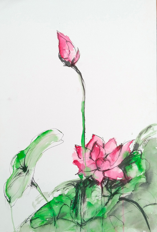 LOTUS- 2 (ART_6373_69383) - Handpainted Art Painting - 15in X 22in