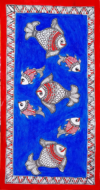 MADHUBANI PAINTING FISHES IN WATER (ART_7470_69366) - Handpainted Art Painting - 8in X 15in