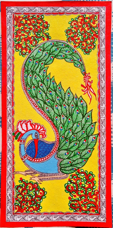 MADHUBANI PAINTING PEACOCK WITH FLOWERS' (ART_7470_69362) - Handpainted Art Painting - 8in X 15in