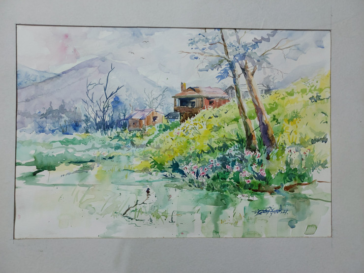 House near lakeshore  (ART_8751_69481) - Handpainted Art Painting - 16in X 11in