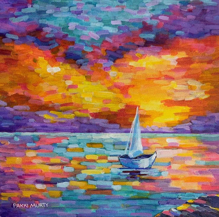 Loan boat in a vibrant backdrop (ART_8750_69491) - Handpainted Art Painting - 15in X 15in