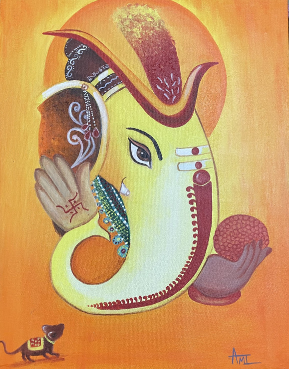 Ganesha Ganapati with Rat (ART_7557_69681) - Handpainted Art Painting - 14in X 18in