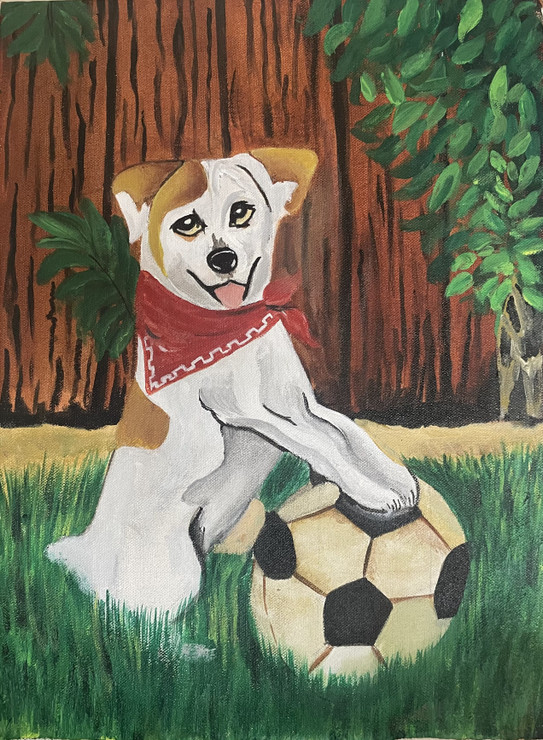 The Dog is playing with Ball (ART_7557_69677) - Handpainted Art Painting - 12in X 16in