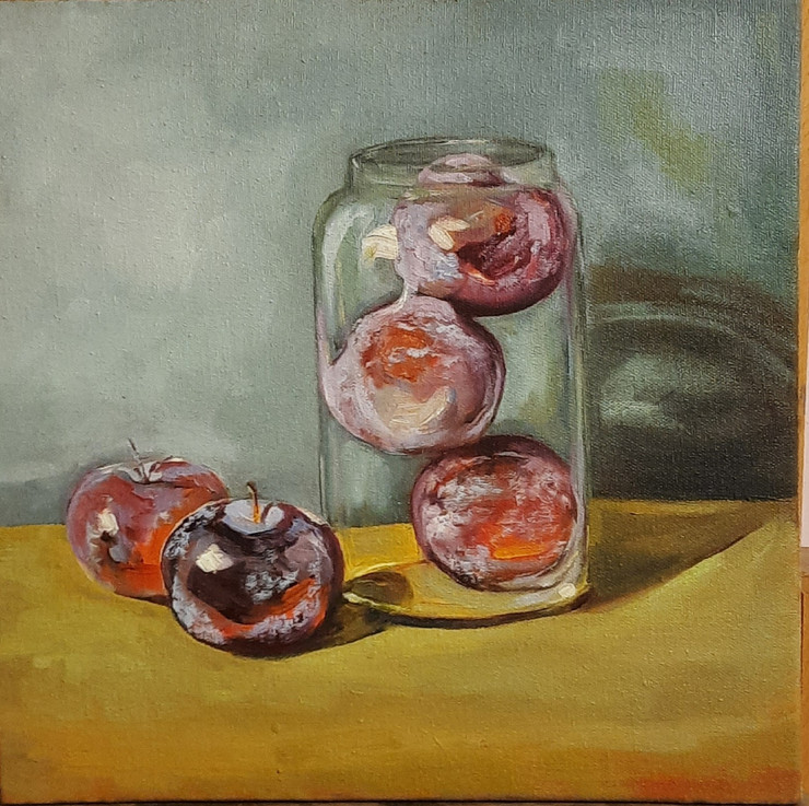 Peaches in a Jar  (ART_8741_69624) - Handpainted Art Painting - 12in X 12in