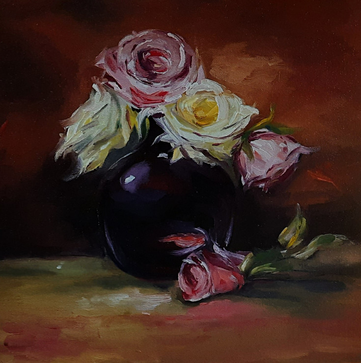 White rose in a vase (ART_8741_69623) - Handpainted Art Painting - 12in X 12in