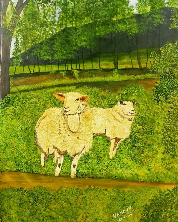 Sheeps in the farm  (ART_8657_69605) - Handpainted Art Painting - 24in X 36in