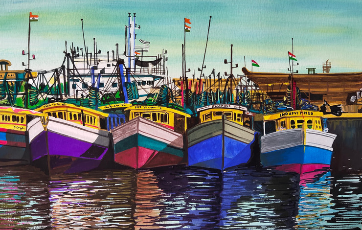 Vizag harbour (ART_329_69595) - Handpainted Art Painting - 10in X 6in