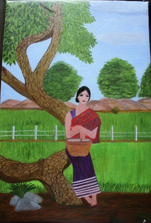 A lady sitting by the paddy field  (ART_8626_68911) - Handpainted Art Painting - 13in X 20in