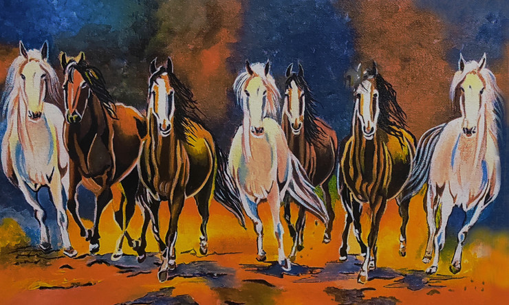Seven Running Horses - Vastu Painting (ART_5557_57685) - Handpainted Art Painting - 30in X 16in
