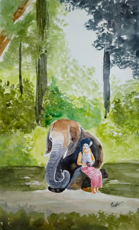 Elephant and Girl (watercolor painting) 16/23 inch (ART_8771_69752) - Handpainted Art Painting - 16in X 23in