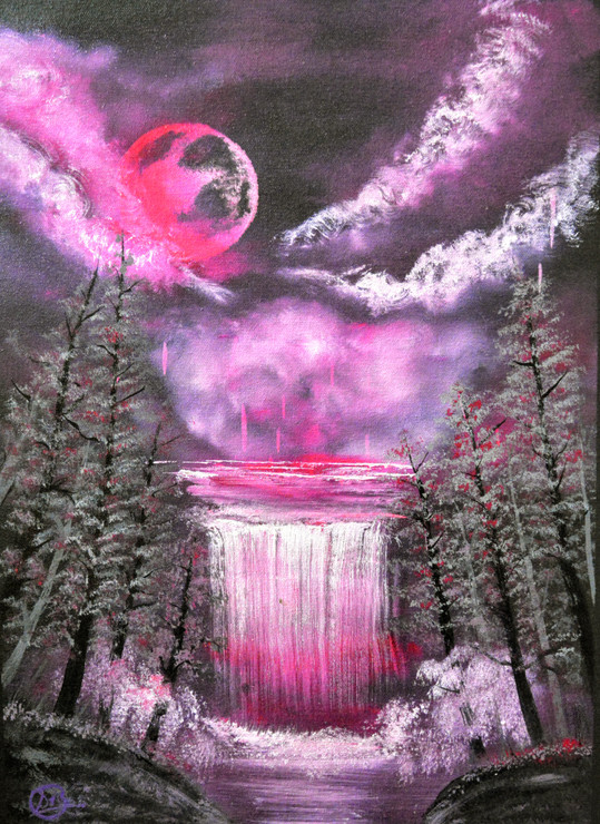 Red Moonlight Over Falls (ART_8580_69761) - Handpainted Art Painting - 14in X 20in