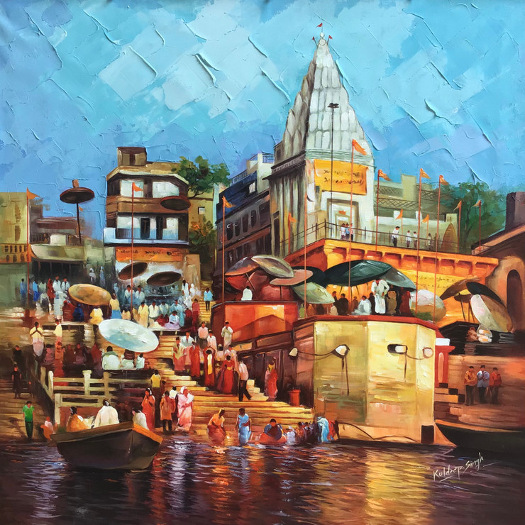 Banaras ghat painting  (ART_6706_69714) - Handpainted Art Painting - 36in X 36in