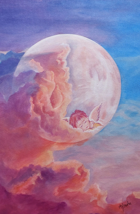 MamaMoon- Baby angel asleep in the clouds  (ART_8758_69695) - Handpainted Art Painting - 16in X 24in