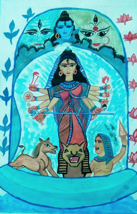 Maa Durga  (ART_8753_70013) - Handpainted Art Painting - 8in X 12in