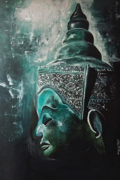 The Supreme one- meditating buddha in mystical shades (ART_7984_69982) - Handpainted Art Painting - 27in X 40in