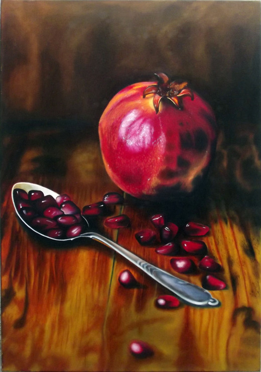 Pomegranate and Spoon (ART_8790_69972) - Handpainted Art Painting - 24in X 36in
