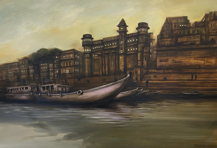 Banaras Ghat (ART_3512_69988) - Handpainted Art Painting - 38in X 26in