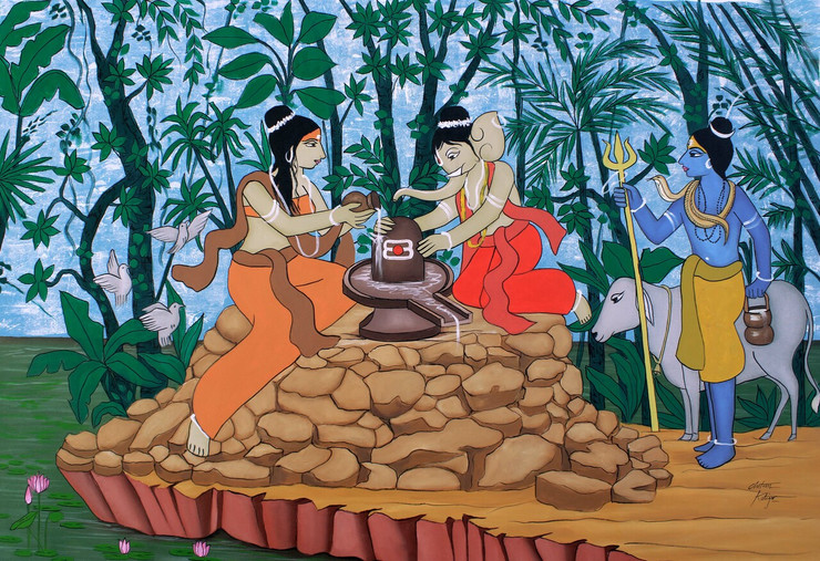 Worshipping Shivlinga (ART_3324_70168) - Handpainted Art Painting - 56in X 38in