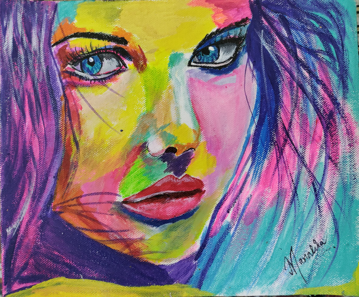 Pretty Girl in Colors (ART_8805_70137) - Handpainted Art Painting - 10in X 8in