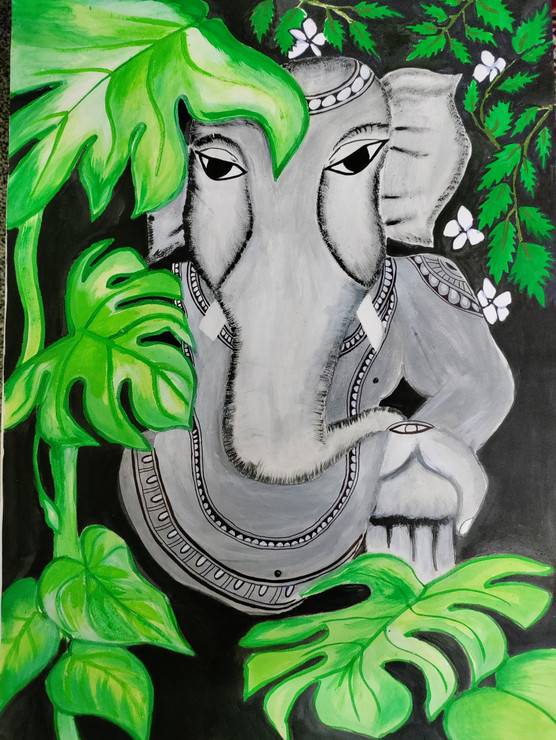 Vignaharata Vigneshwara  (ART_8805_70133) - Handpainted Art Painting - 17in X 23in