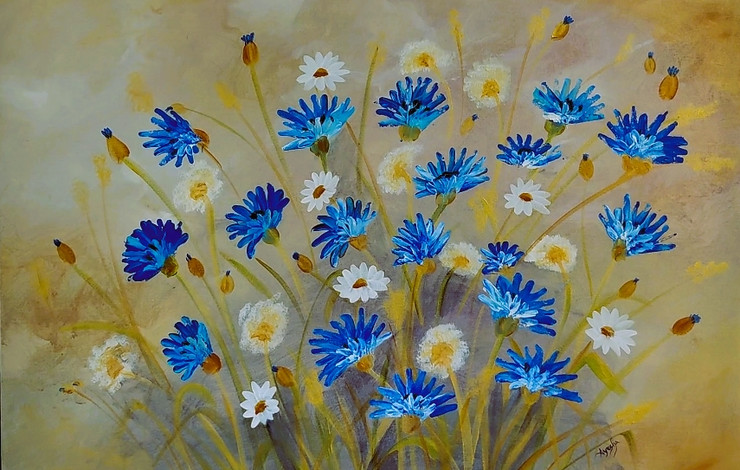 White and Blue Flowers (ART_7243_70113) - Handpainted Art Painting - 36in X 24in