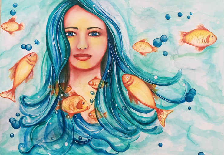 Woman and fish painting  (ART_8526_70086) - Handpainted Art Painting - 17in X 12in