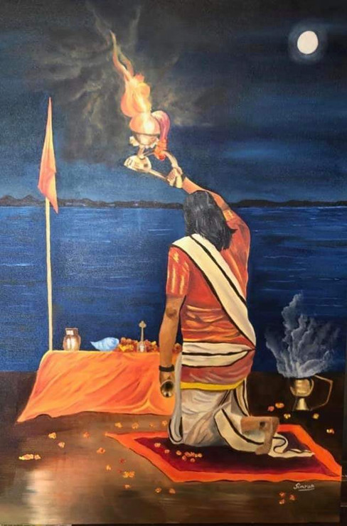 Ganga Aarti (ART_8800_70073) - Handpainted Art Painting - 24in X 36in