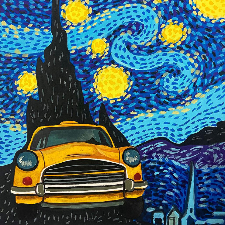 Starry Night In The Taxi (ART_7283_70275) - Handpainted Art Painting - 8in X 10in
