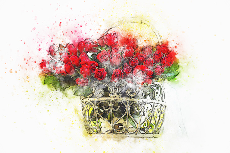 Flower Roses Basket (PRT_7809_70233) - Canvas Art Print - 26in X 17in