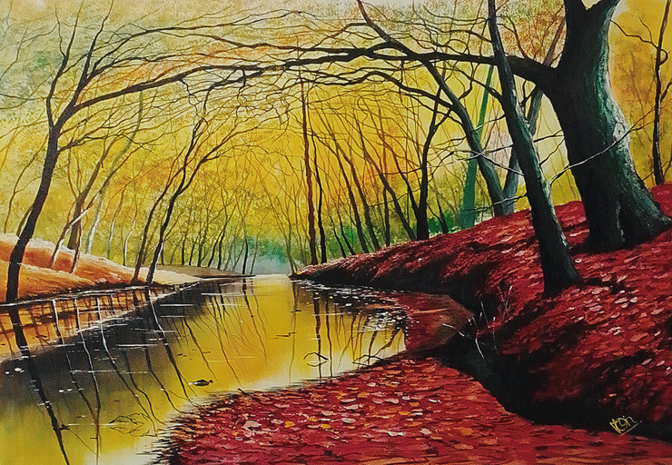 Golden autumn (ART_5868_70466) - Handpainted Art Painting - 50in X 35in