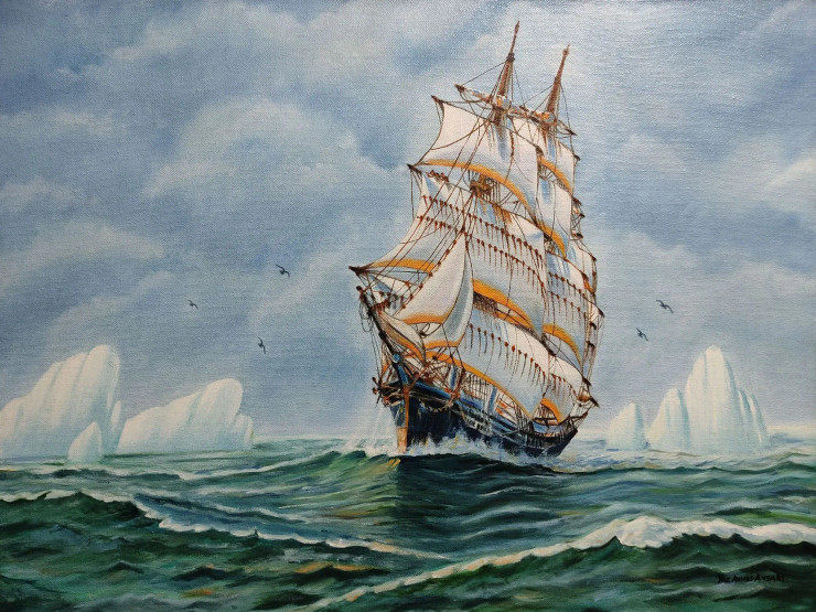 Ship Sailing (ART_8497_70462) - Handpainted Art Painting - 24in X 18in