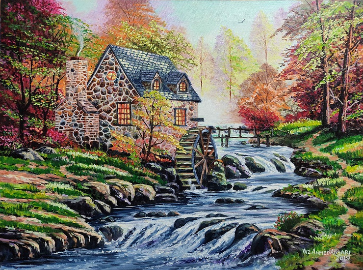Water Mill House (ART_8497_70461) - Handpainted Art Painting - 24in X 18in