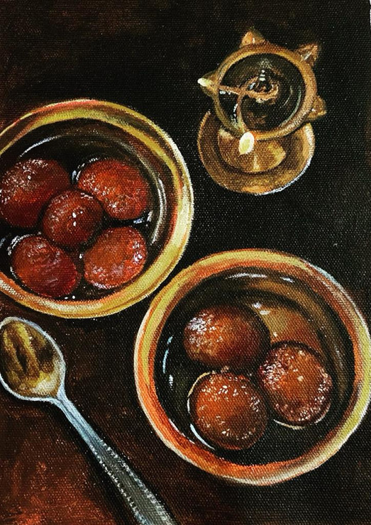 Gulabjamuns - delicious sweets in acrylic (ART_7283_70425) - Handpainted Art Painting - 8in X 12in