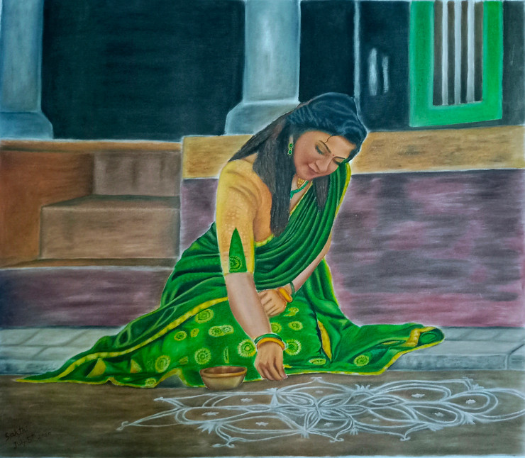 Indian woman making kolam (ART_6071_70380) - Handpainted Art Painting - 25in X 22in