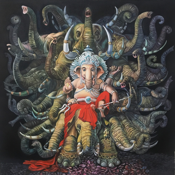 Ganesha (ART_8325_70362) - Handpainted Art Painting - 24in X 24in
