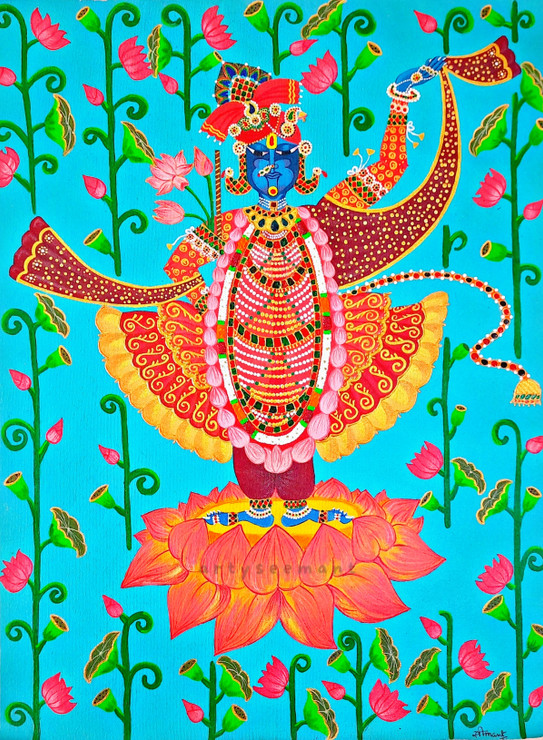 Srinathji Of Nathwada -  With Pichwai Lotus (ART_8835_70718) - Handpainted Art Painting - 18in X 24in