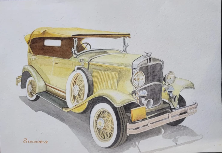 Vintage Car Yellow- 97 (ART_7573_70698) - Handpainted Art Painting - 23in X 16in