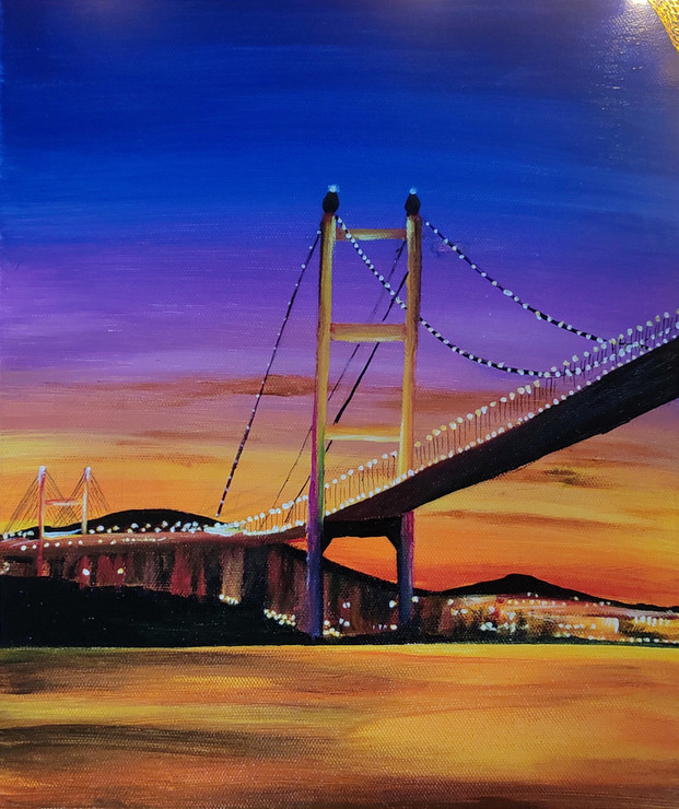 Shining Lights- Golden Bridge at night  (ART_6989_70670) - Handpainted Art Painting - 18in X 24in
