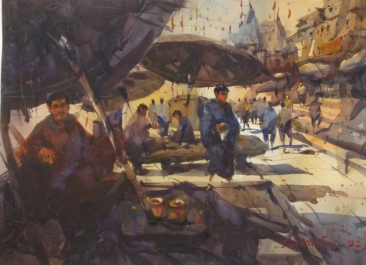 Benaras Ghat (ART_8170_70801) - Handpainted Art Painting - 29in X 21in