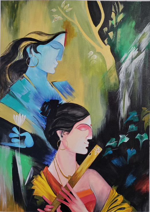 Radha Krishna (ART_8823_70732) - Handpainted Art Painting - 20 in X 28in