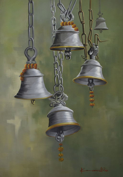 Temple Bells (ART_640_70851) - Handpainted Art Painting - 32in X 46in