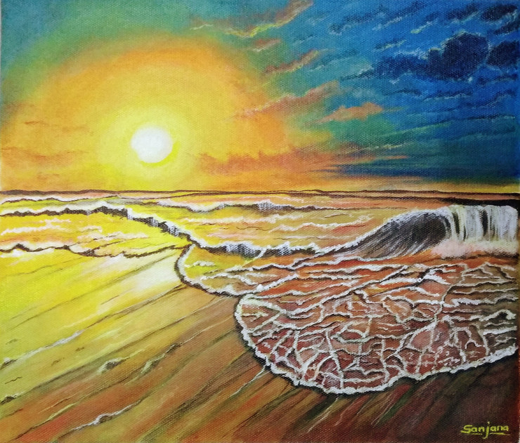 Sunset at beach (ART_8714_70917) - Handpainted Art Painting - 10in X 12in