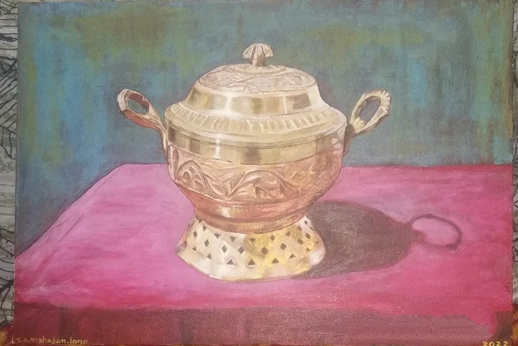 Kashmiri Copper Bowl (ART_8853_70997) - Handpainted Art Painting - 13in X 19in