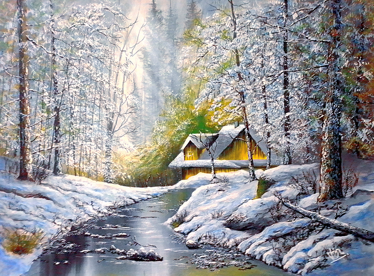 Snowy Shelter (ART_5868_71155) - Handpainted Art Painting - 35in X 23in