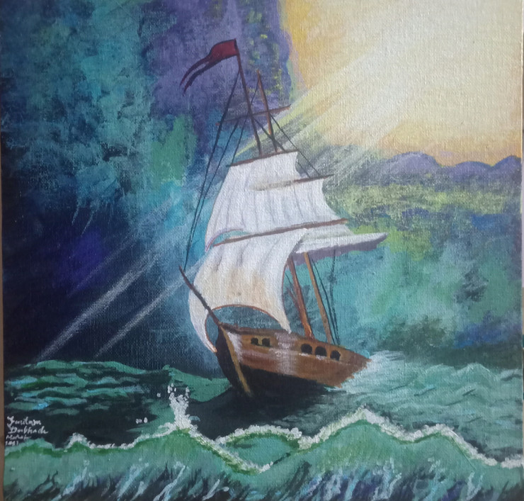 Ship in the Strom (ART_8859_71074) - Handpainted Art Painting - 12in X 12in