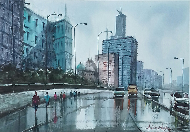 City scape  (ART_8867_71277) - Handpainted Art Painting - 11in X 16in